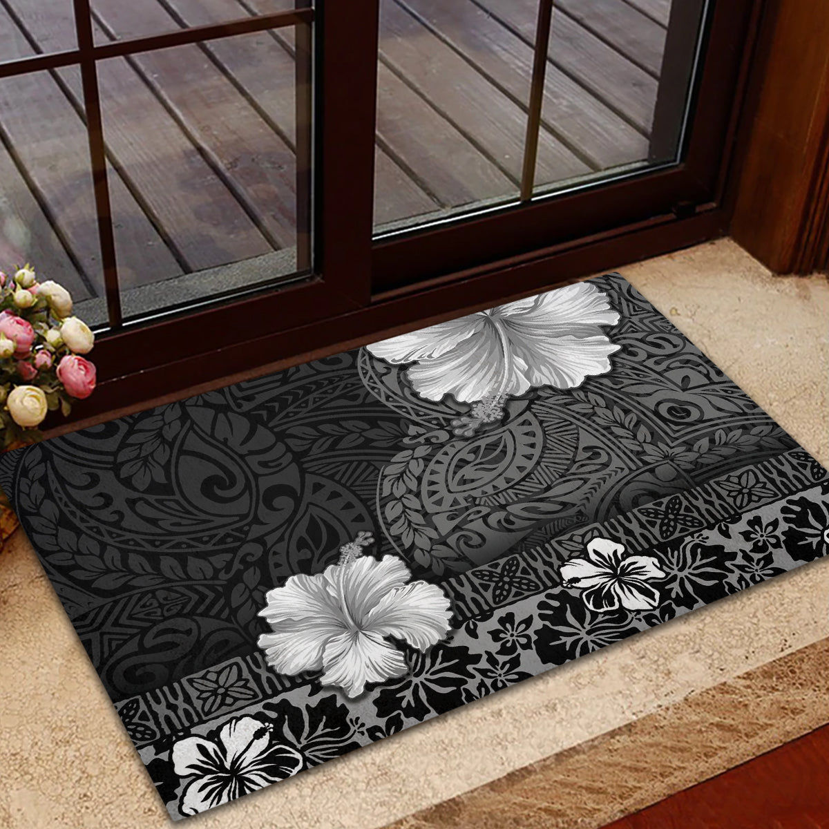 Hawaii Hibiscus With Black Polynesian Pattern Rubber Doormat LT05 - Polynesian Pride