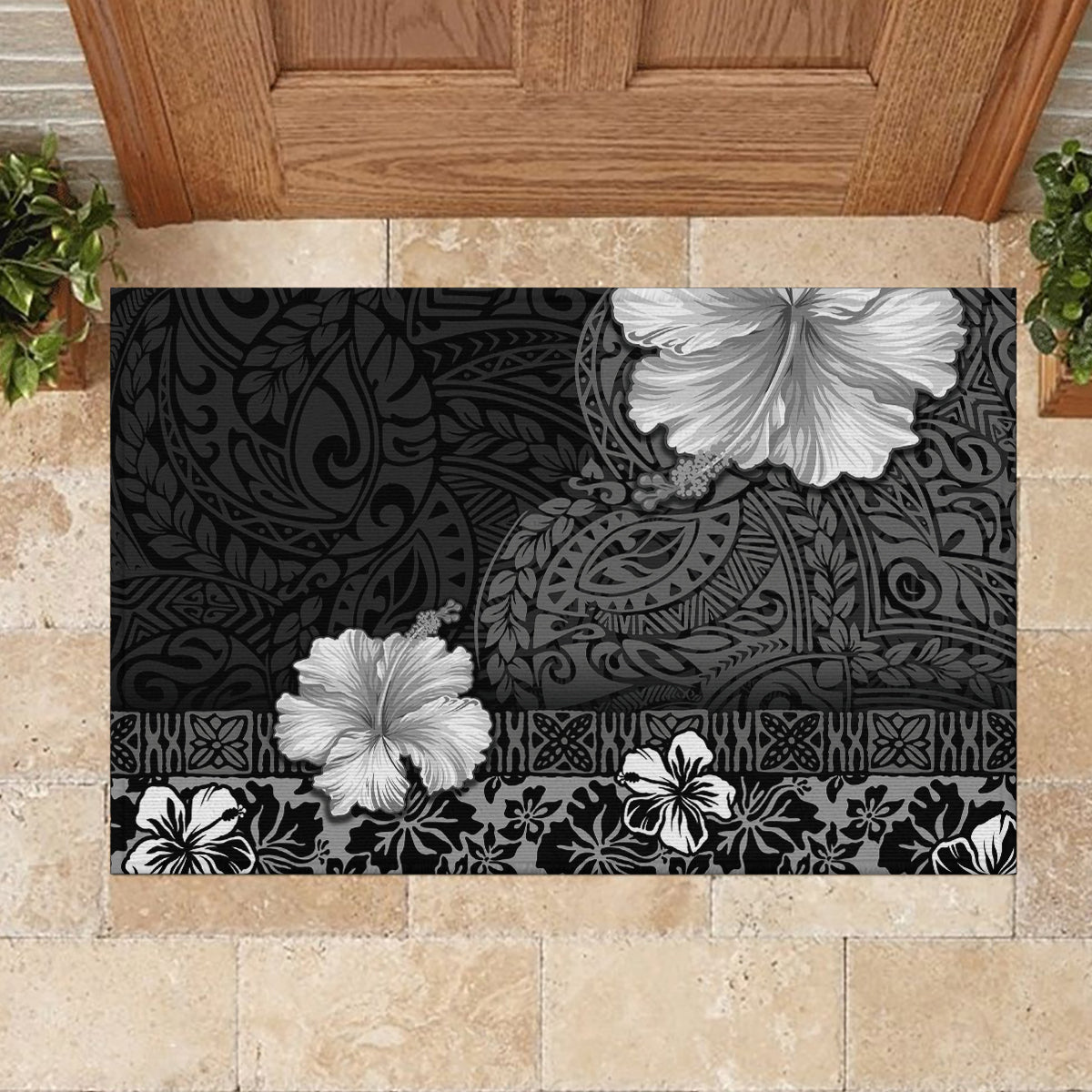 Hawaii Hibiscus With Black Polynesian Pattern Rubber Doormat LT05 - Polynesian Pride