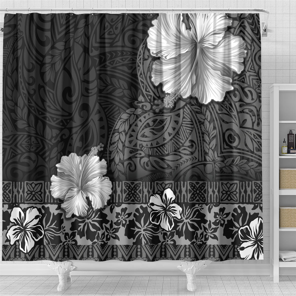 Hawaii Hibiscus With Black Polynesian Pattern Shower Curtain