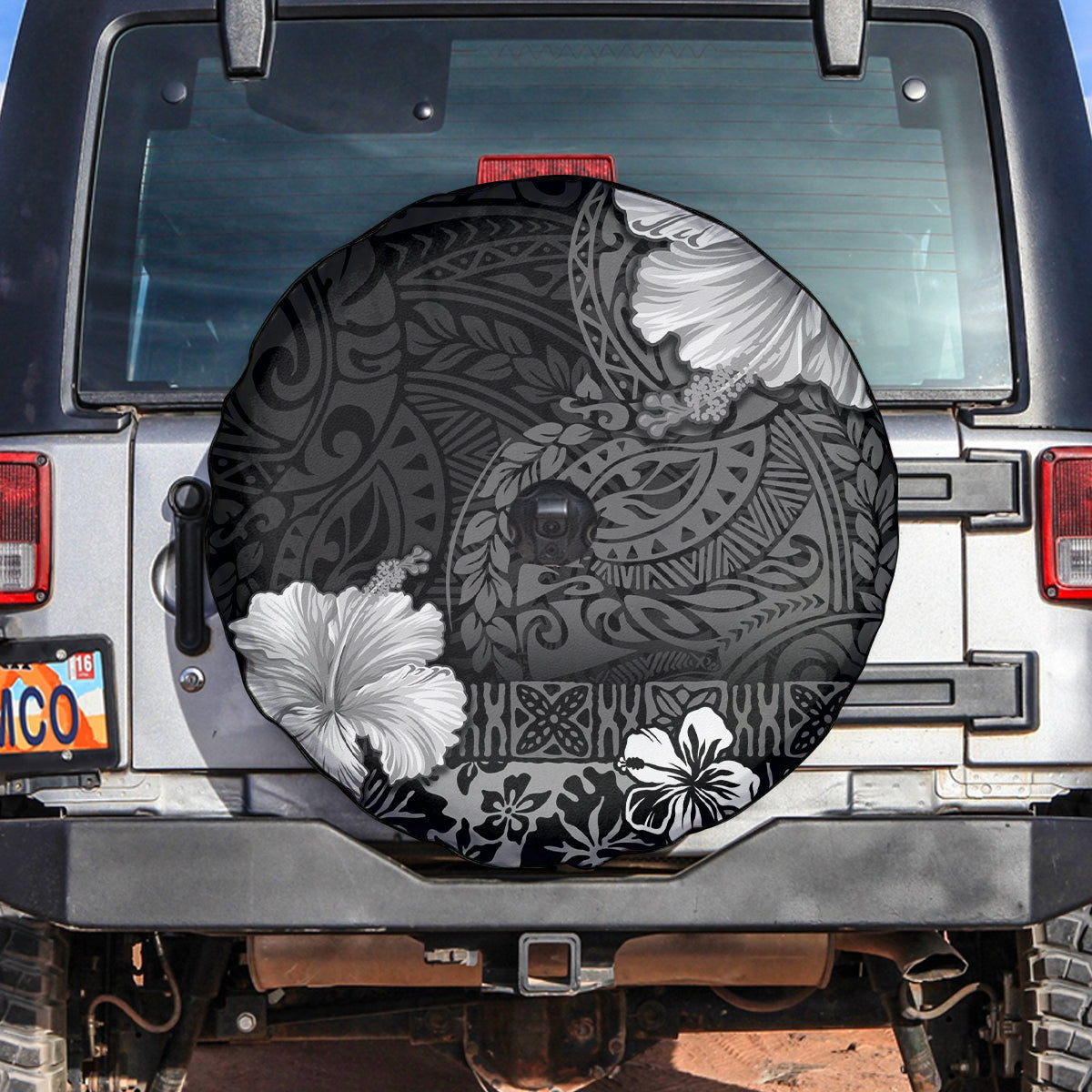 Hawaii Hibiscus With Black Polynesian Pattern Spare Tire Cover LT05 Black - Polynesian Pride