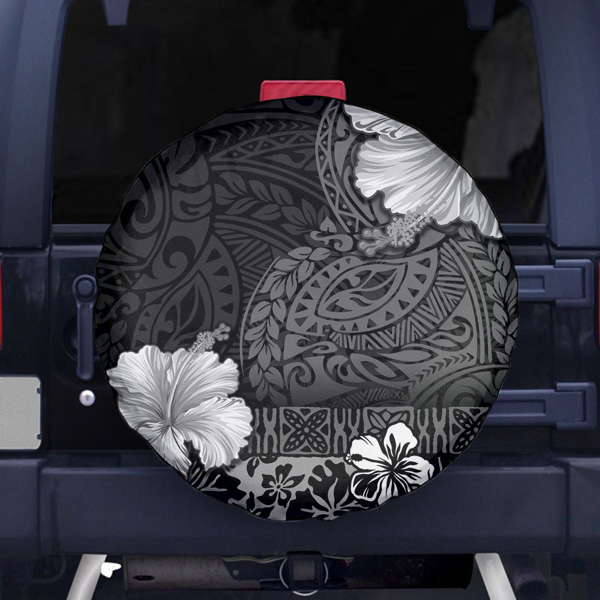 Hawaii Hibiscus With Black Polynesian Pattern Spare Tire Cover LT05 - Polynesian Pride