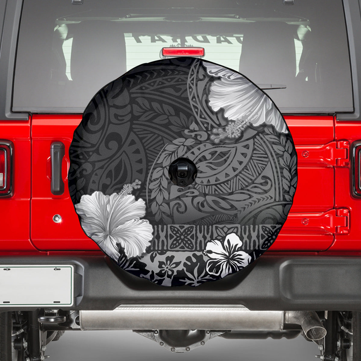 Hawaii Hibiscus With Black Polynesian Pattern Spare Tire Cover LT05 - Polynesian Pride