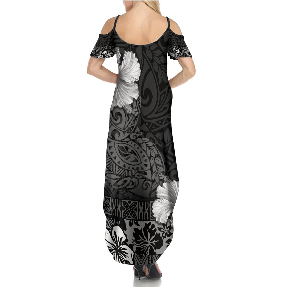 Hawaii Hibiscus With Black Polynesian Pattern Summer Maxi Dress LT05 - Polynesian Pride