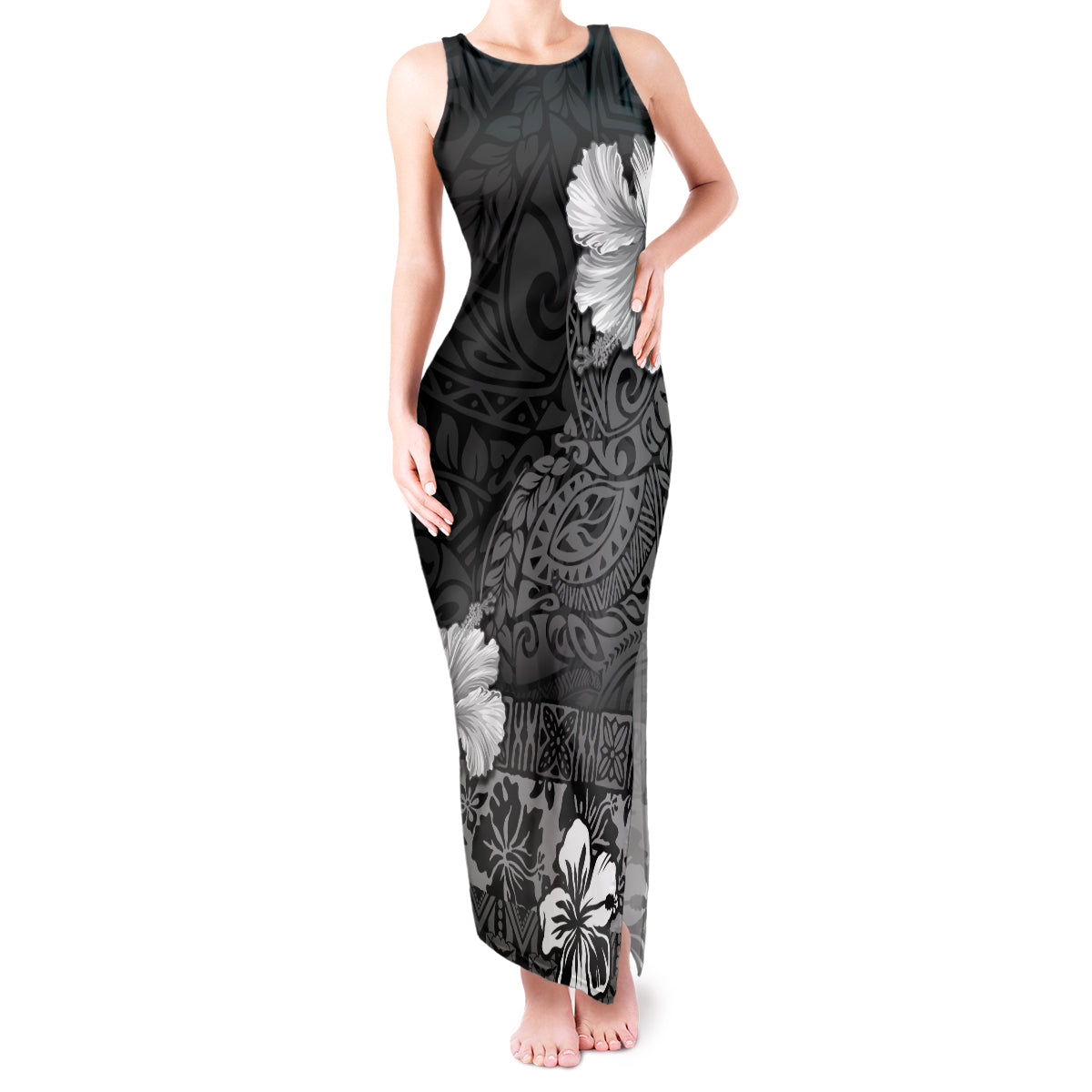 Hawaii Hibiscus With Black Polynesian Pattern Tank Maxi Dress