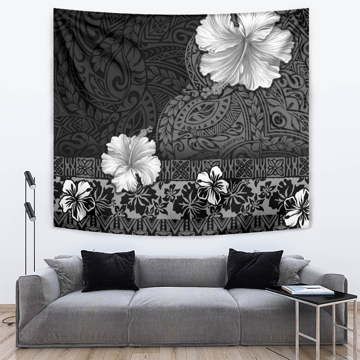 Hawaii Hibiscus With Black Polynesian Pattern Tapestry LT05 Black - Polynesian Pride