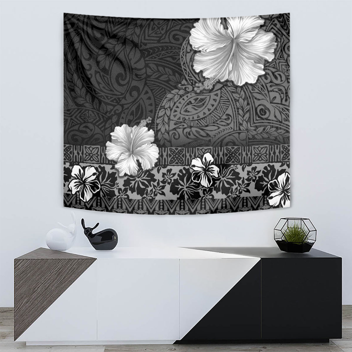 Hawaii Hibiscus With Black Polynesian Pattern Tapestry LT05 - Polynesian Pride