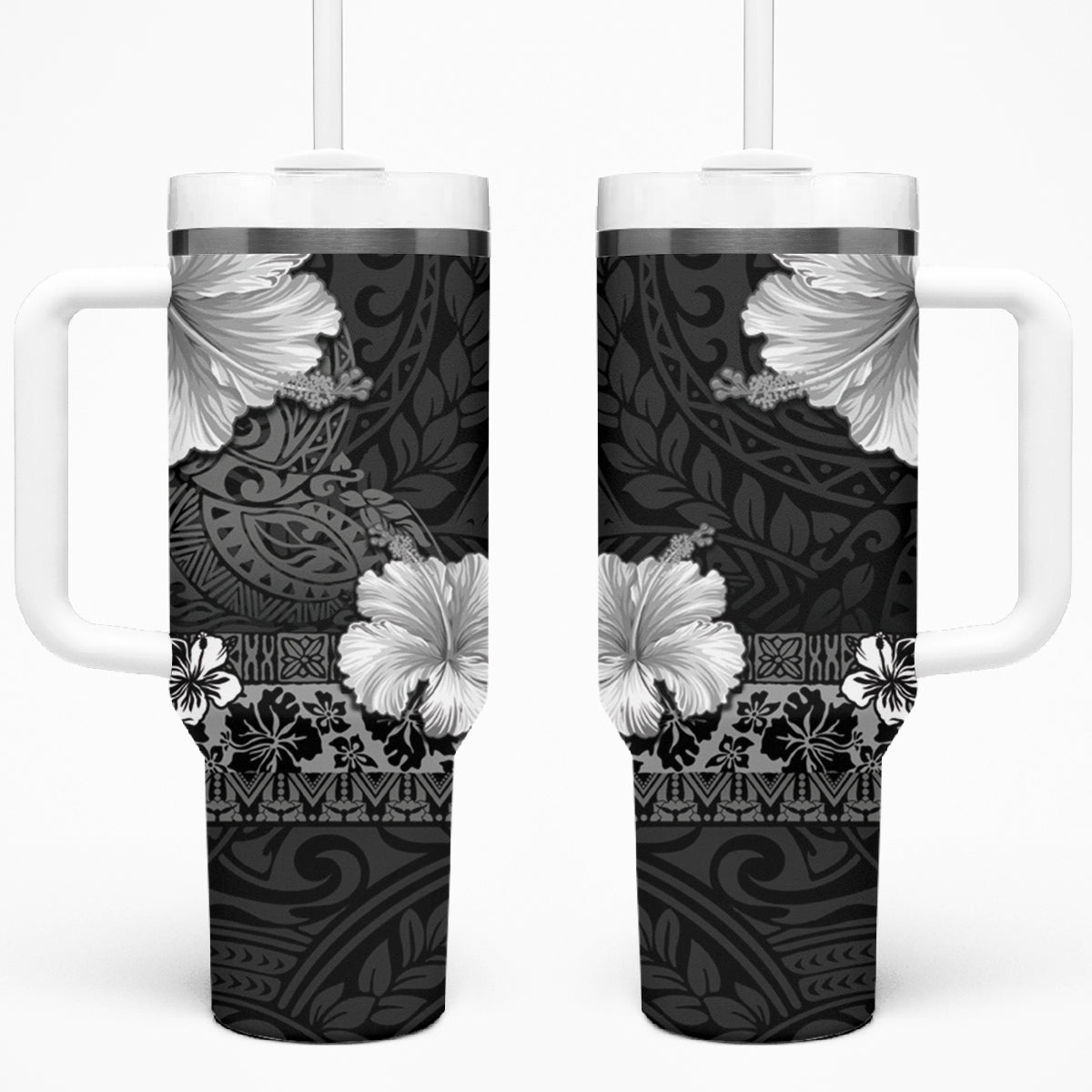 Hawaii Hibiscus With Black Polynesian Pattern Tumbler With Handle