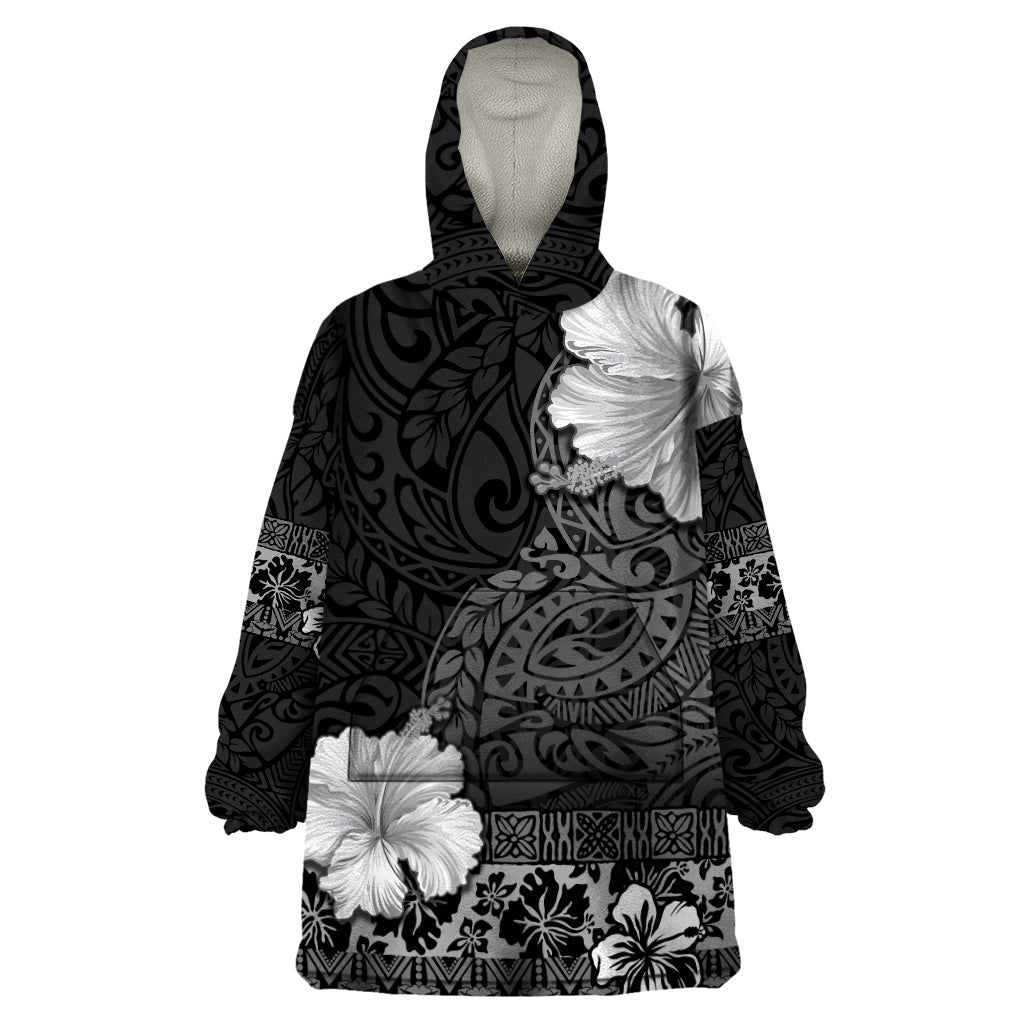 Hawaii Hibiscus With Black Polynesian Pattern Wearable Blanket Hoodie LT05 One Size Black - Polynesian Pride