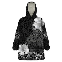 Hawaii Hibiscus With Black Polynesian Pattern Wearable Blanket Hoodie LT05 One Size Black - Polynesian Pride