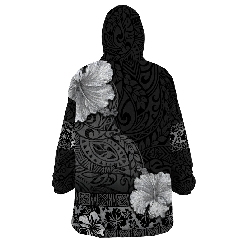 Hawaii Hibiscus With Black Polynesian Pattern Wearable Blanket Hoodie LT05 - Polynesian Pride