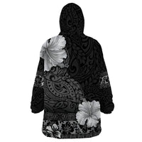 Hawaii Hibiscus With Black Polynesian Pattern Wearable Blanket Hoodie LT05 - Polynesian Pride