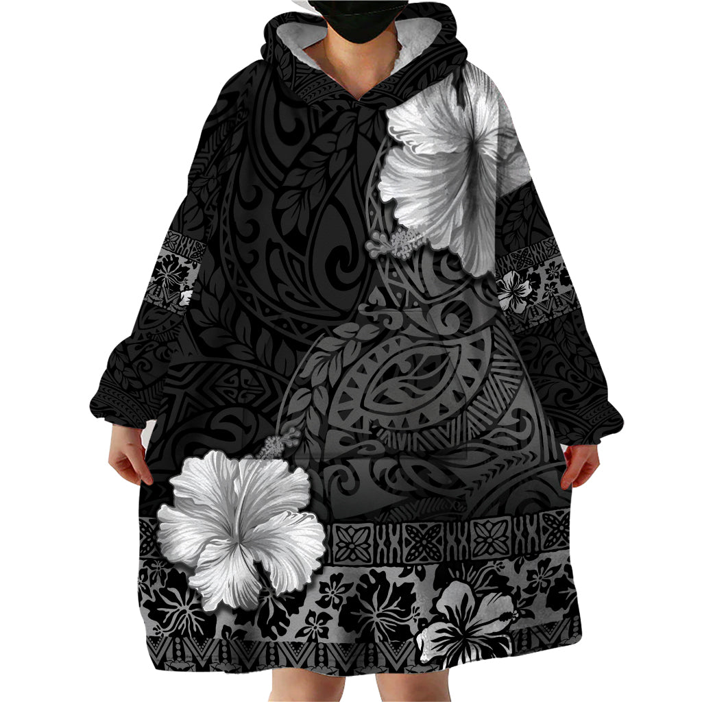 Hawaii Hibiscus With Black Polynesian Pattern Wearable Blanket Hoodie LT05 - Polynesian Pride