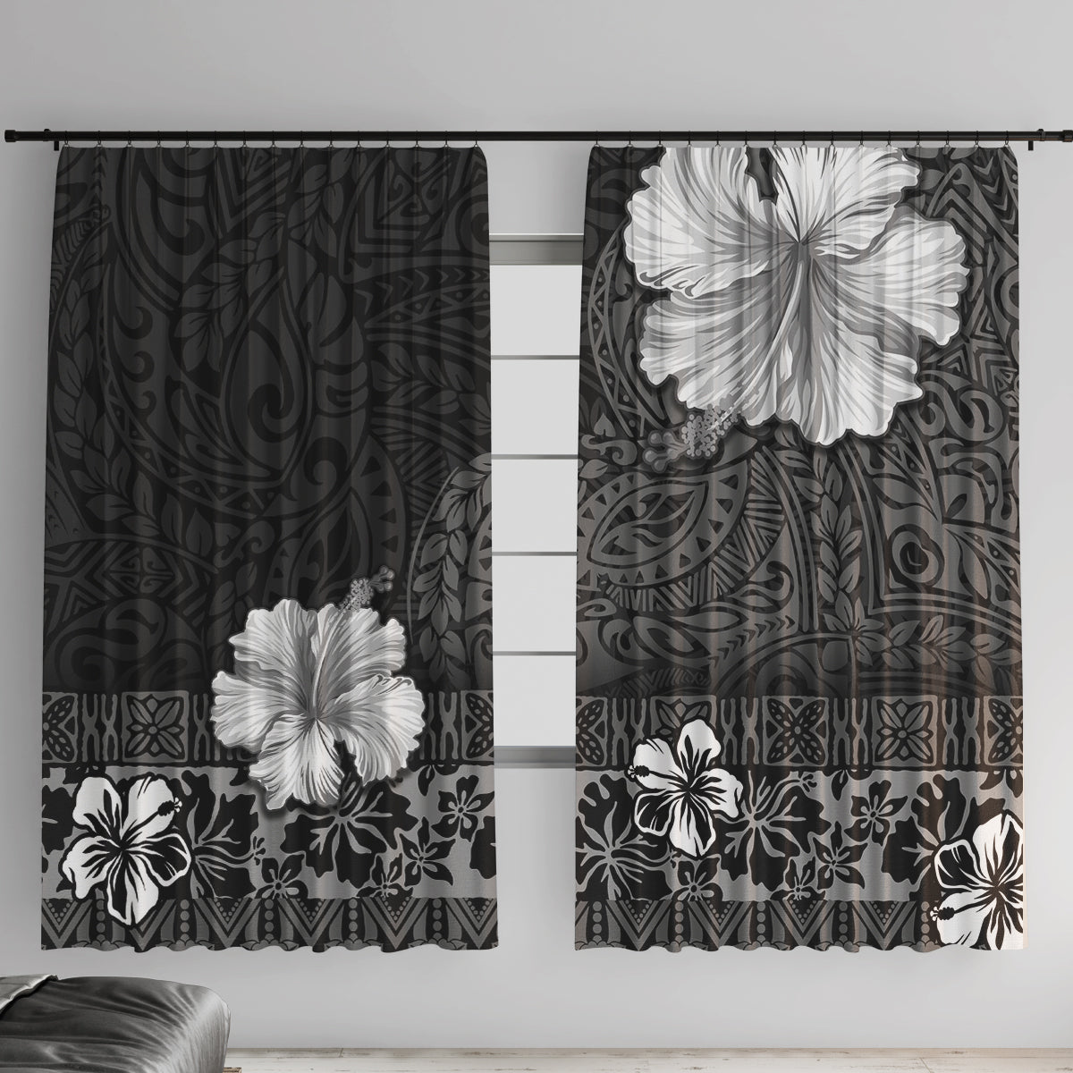 Hawaii Hibiscus With Black Polynesian Pattern Window Curtain