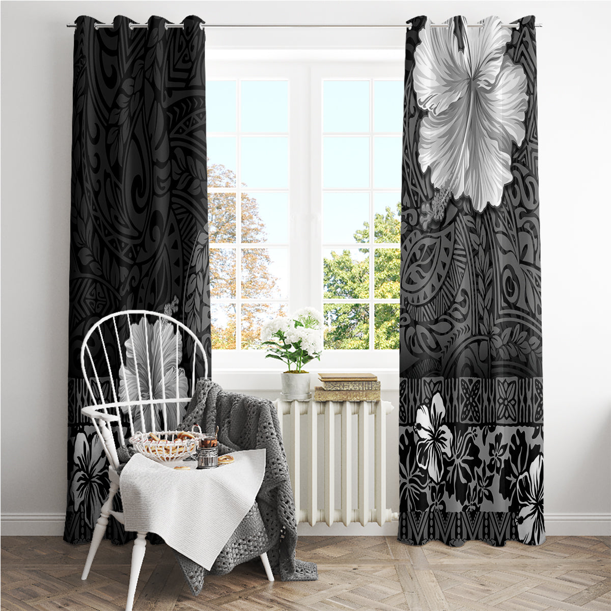 Hawaii Hibiscus With Black Polynesian Pattern Window Curtain LT05 - Polynesian Pride
