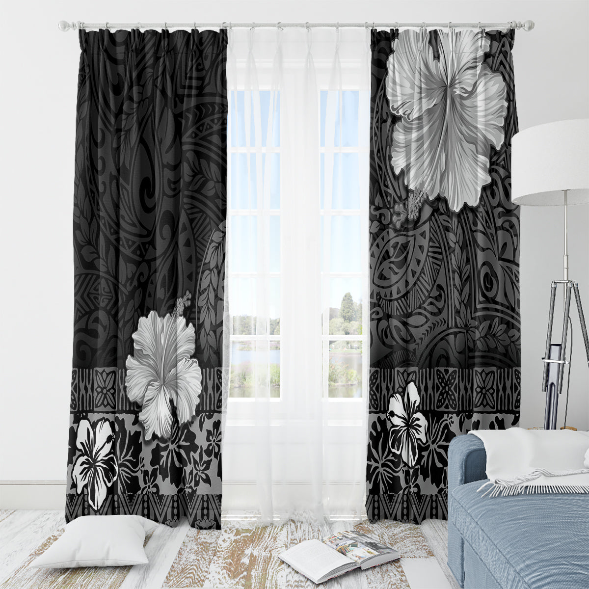 Hawaii Hibiscus With Black Polynesian Pattern Window Curtain LT05 - Polynesian Pride