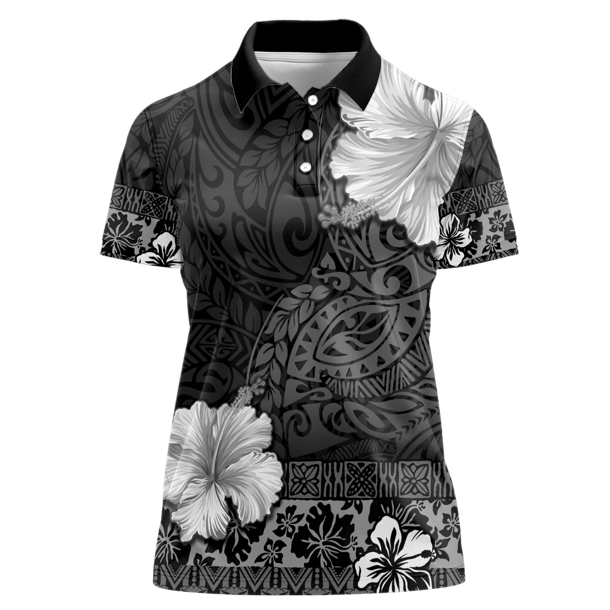 Hawaii Hibiscus With Black Polynesian Pattern Women Polo Shirt