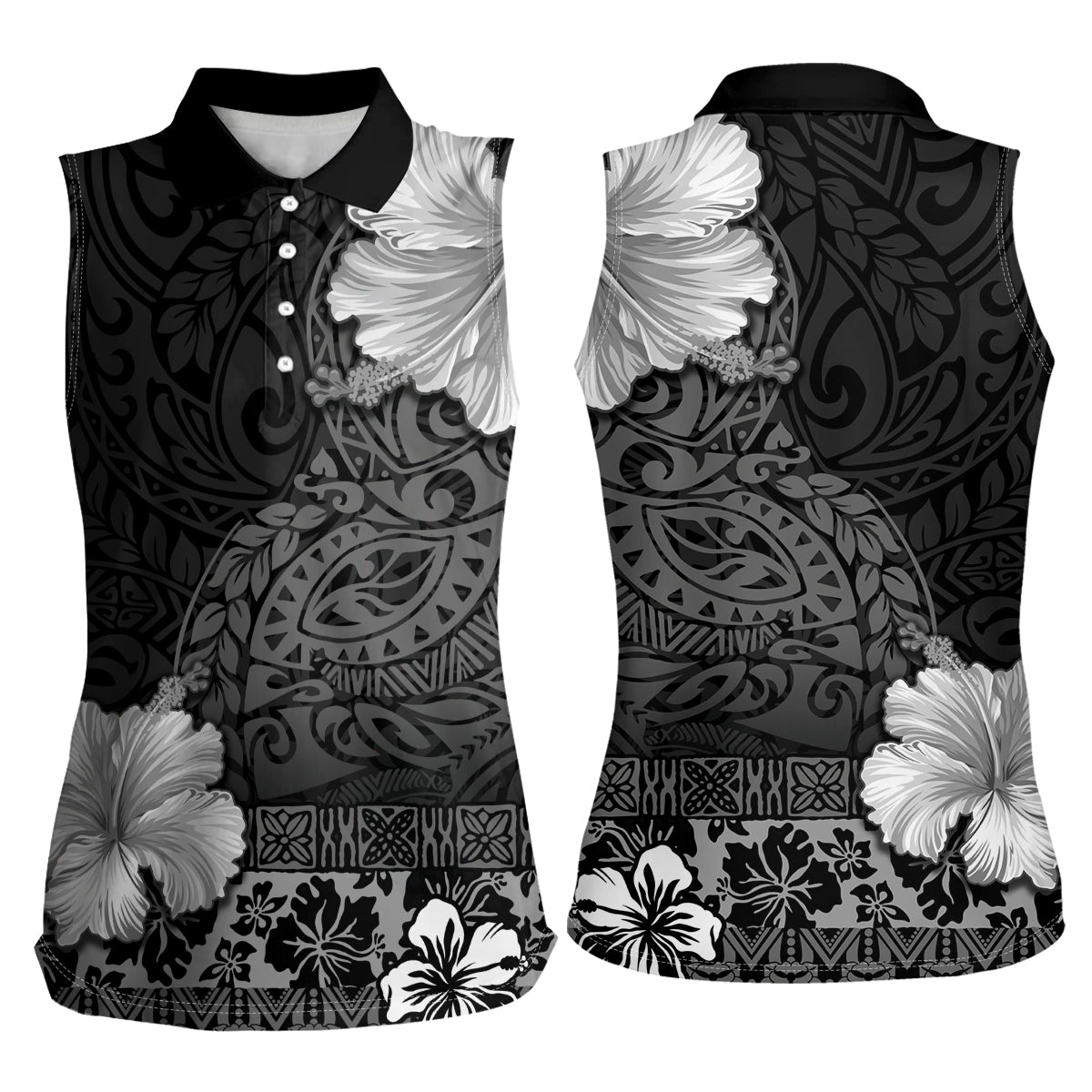 Hawaii Hibiscus With Black Polynesian Pattern Women Sleeveless Polo Shirt