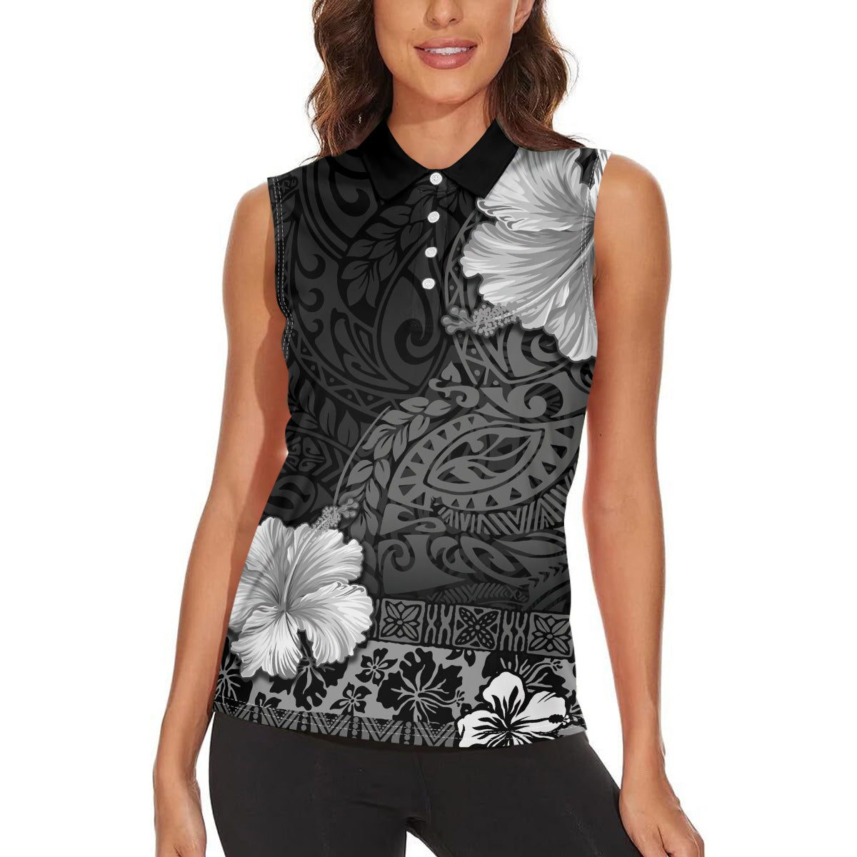 Hawaii Hibiscus With Black Polynesian Pattern Women Sleeveless Polo Shirt