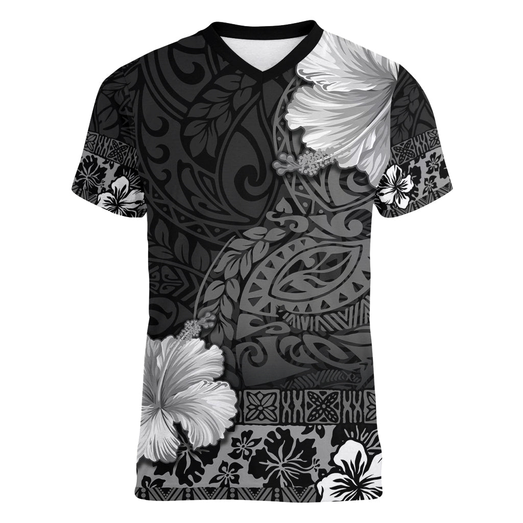 Hawaii Hibiscus With Black Polynesian Pattern Women V-Neck T-Shirt