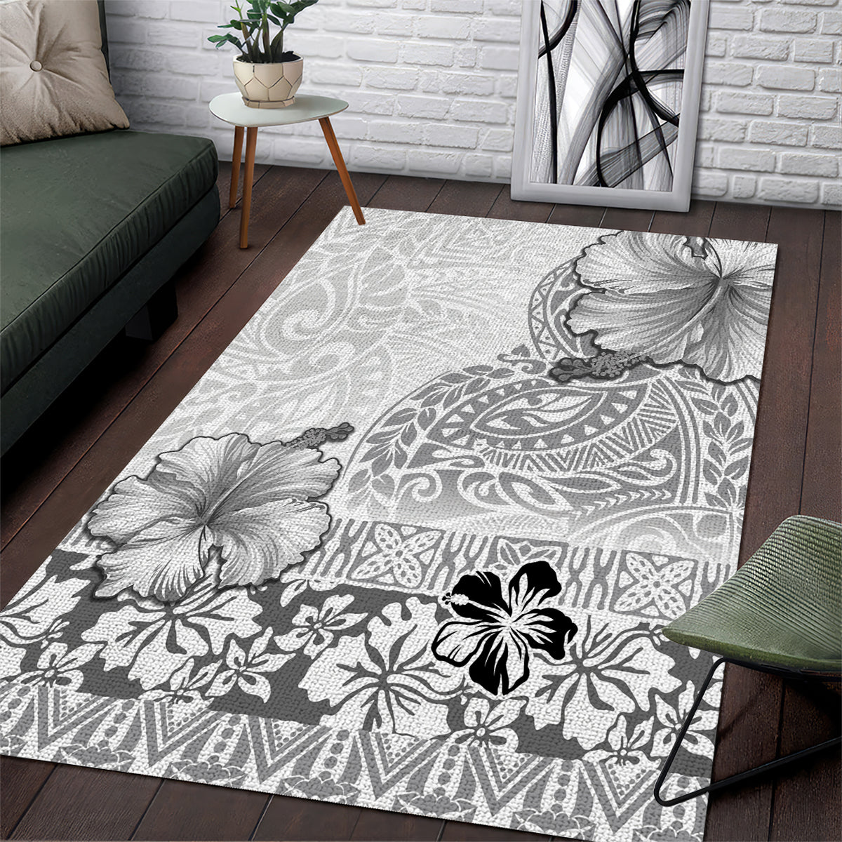 Hawaii Hibiscus With White Polynesian Pattern Area Rug