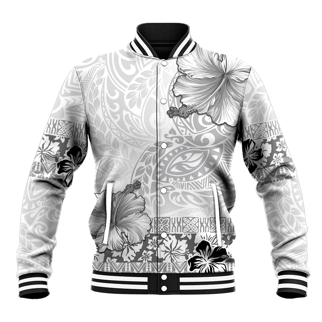 Hawaii Hibiscus With White Polynesian Pattern Baseball Jacket LT05 Unisex White - Polynesian Pride