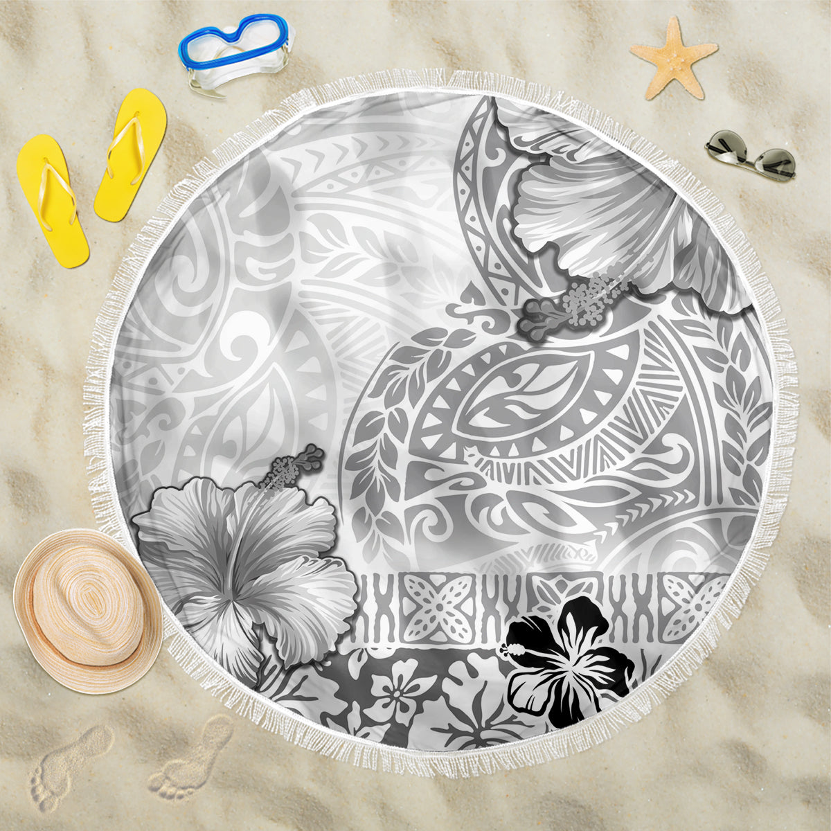 Hawaii Hibiscus With White Polynesian Pattern Beach Blanket LT05 One Size 150cm White - Polynesian Pride