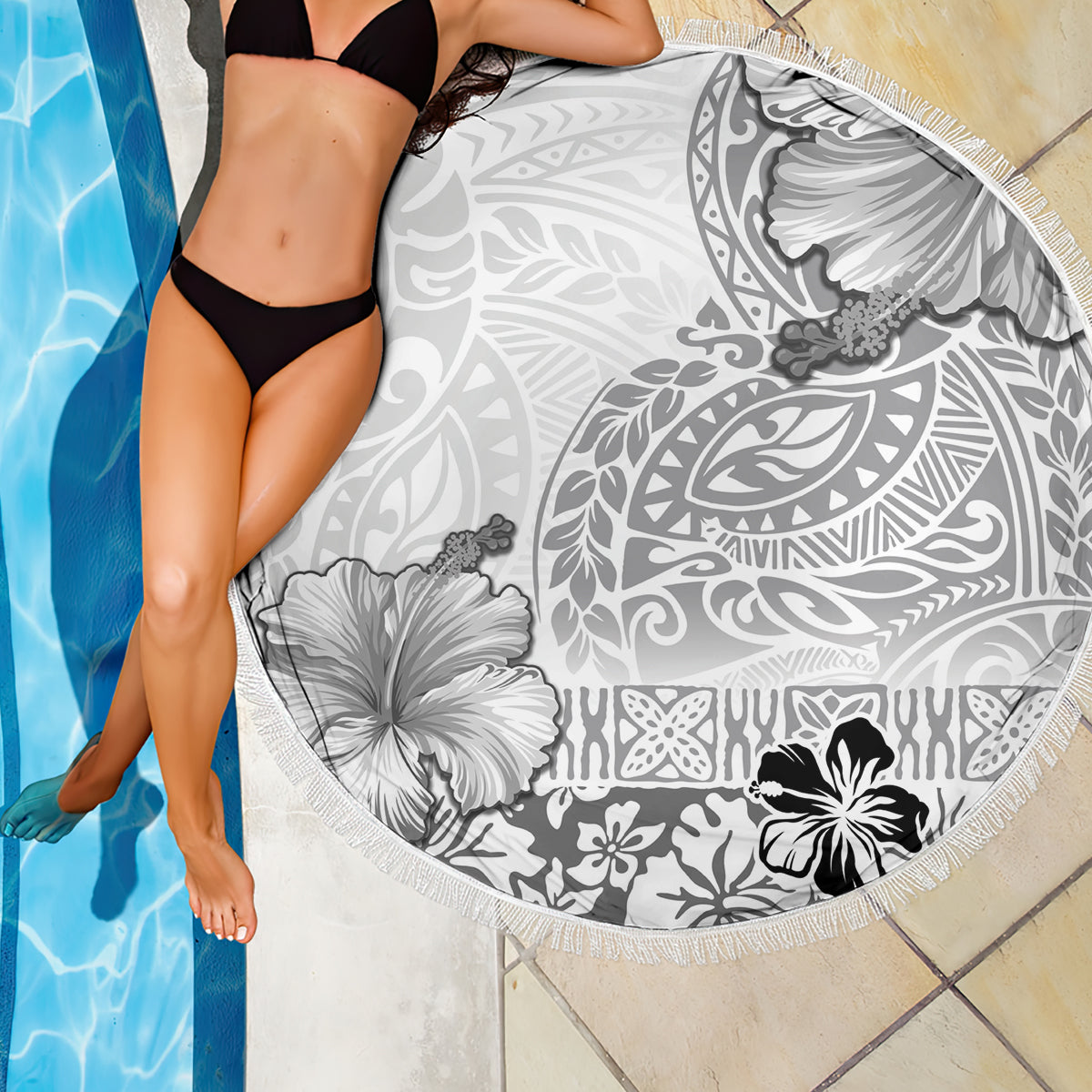 Hawaii Hibiscus With White Polynesian Pattern Beach Blanket LT05 - Polynesian Pride