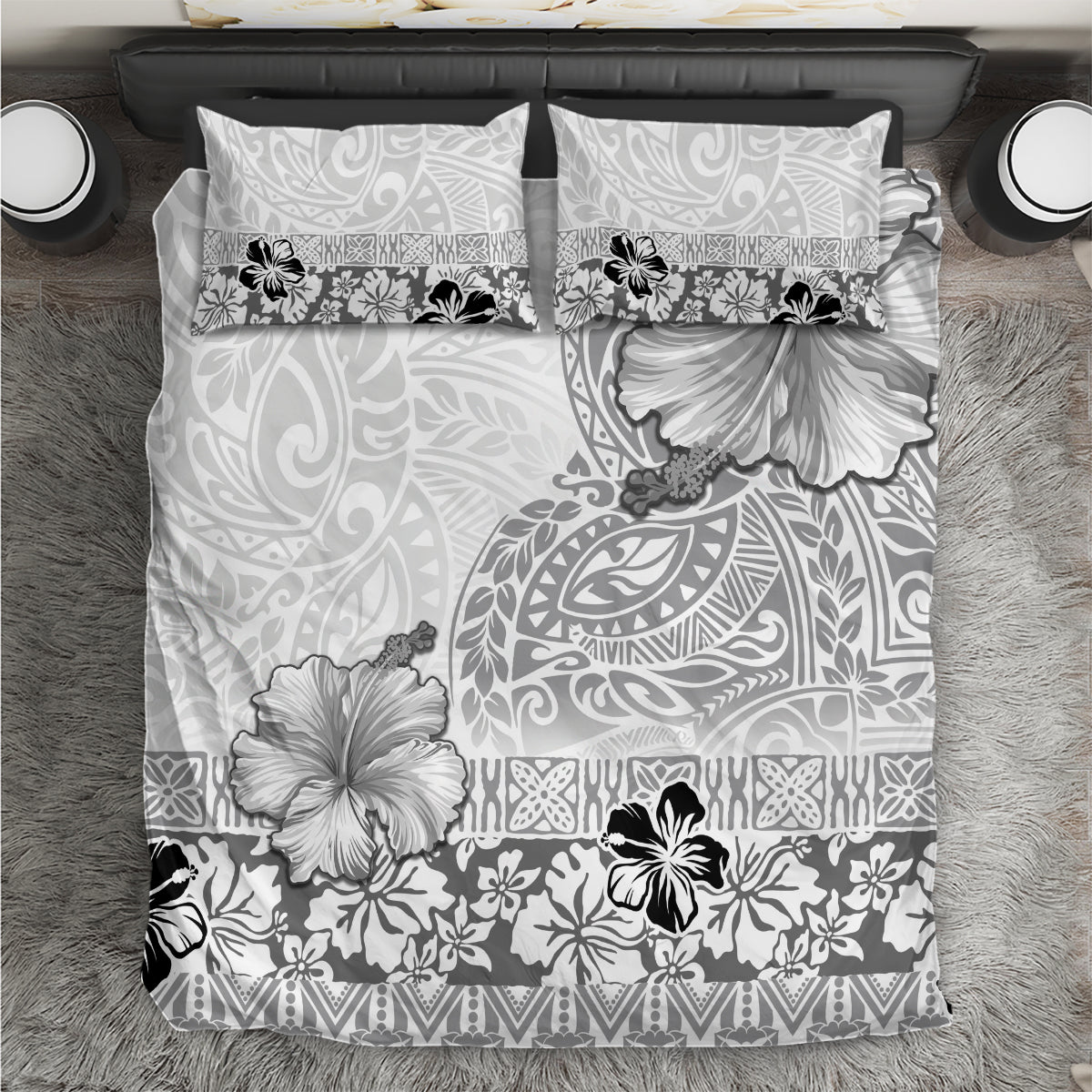 Hawaii Hibiscus With White Polynesian Pattern Bedding Set