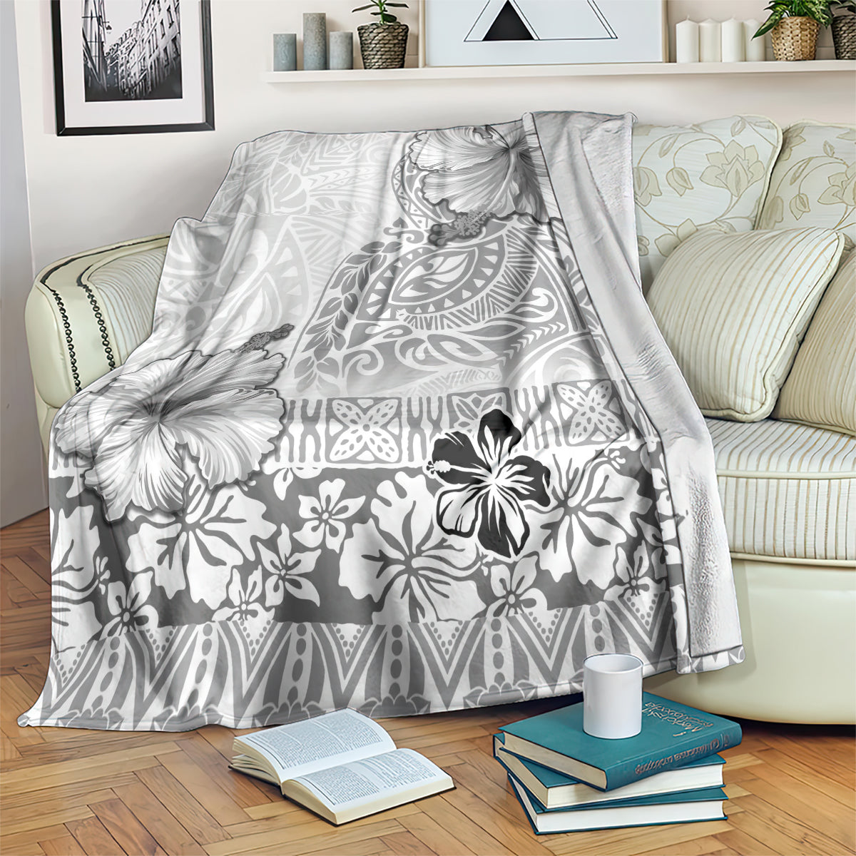 Hawaii Hibiscus With White Polynesian Pattern Blanket LT05 White - Polynesian Pride