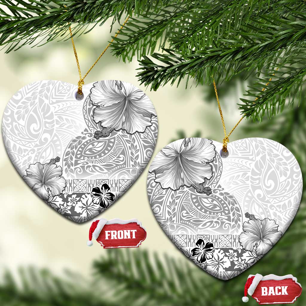 Hawaii Hibiscus With White Polynesian Pattern Ceramic Ornament LT05 Heart White - Polynesian Pride