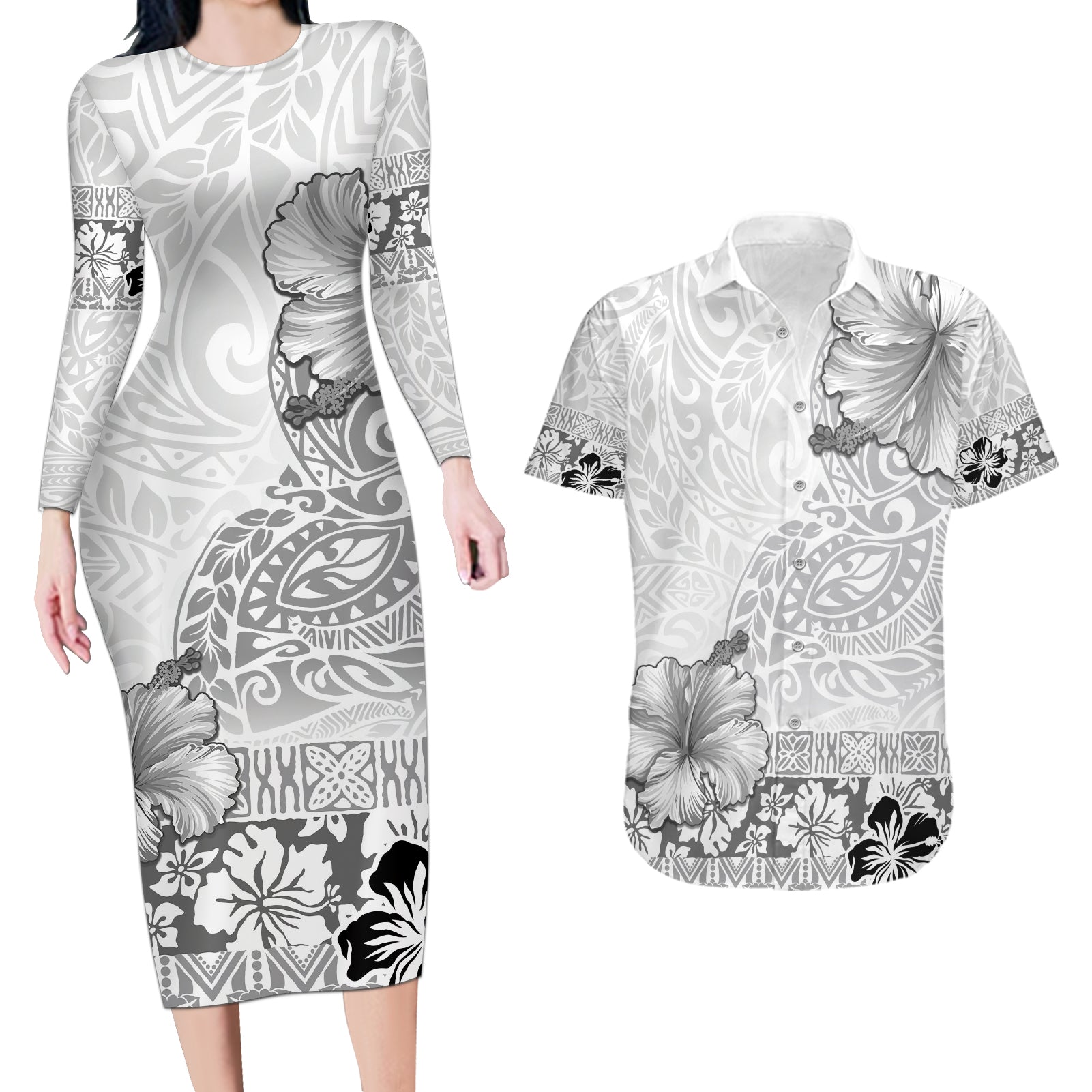 Hawaii Hibiscus With White Polynesian Pattern Couples Matching Long Sleeve Bodycon Dress and Hawaiian Shirt