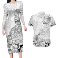 Hawaii Hibiscus With White Polynesian Pattern Couples Matching Long Sleeve Bodycon Dress and Hawaiian Shirt LT05 White - Polynesian Pride