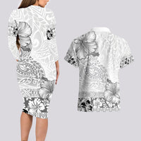 Hawaii Hibiscus With White Polynesian Pattern Couples Matching Long Sleeve Bodycon Dress and Hawaiian Shirt LT05 - Polynesian Pride