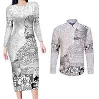 Hawaii Hibiscus With White Polynesian Pattern Couples Matching Long Sleeve Bodycon Dress and Long Sleeve Button Shirt LT05 White - Polynesian Pride
