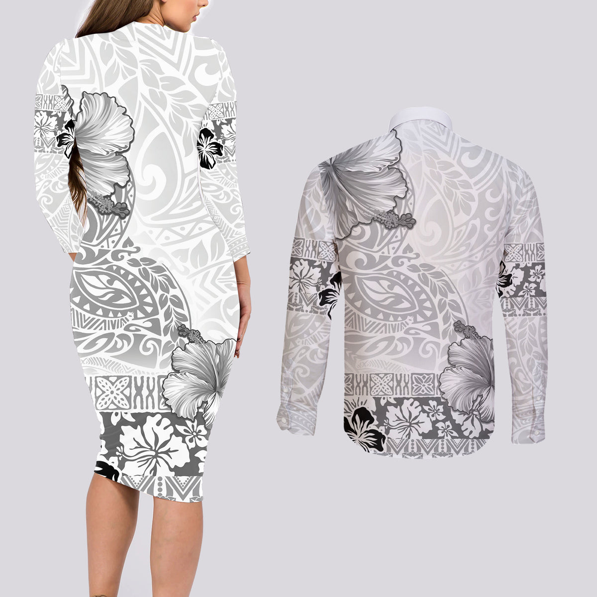 Hawaii Hibiscus With White Polynesian Pattern Couples Matching Long Sleeve Bodycon Dress and Long Sleeve Button Shirt LT05 - Polynesian Pride