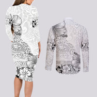 Hawaii Hibiscus With White Polynesian Pattern Couples Matching Long Sleeve Bodycon Dress and Long Sleeve Button Shirt LT05 - Polynesian Pride