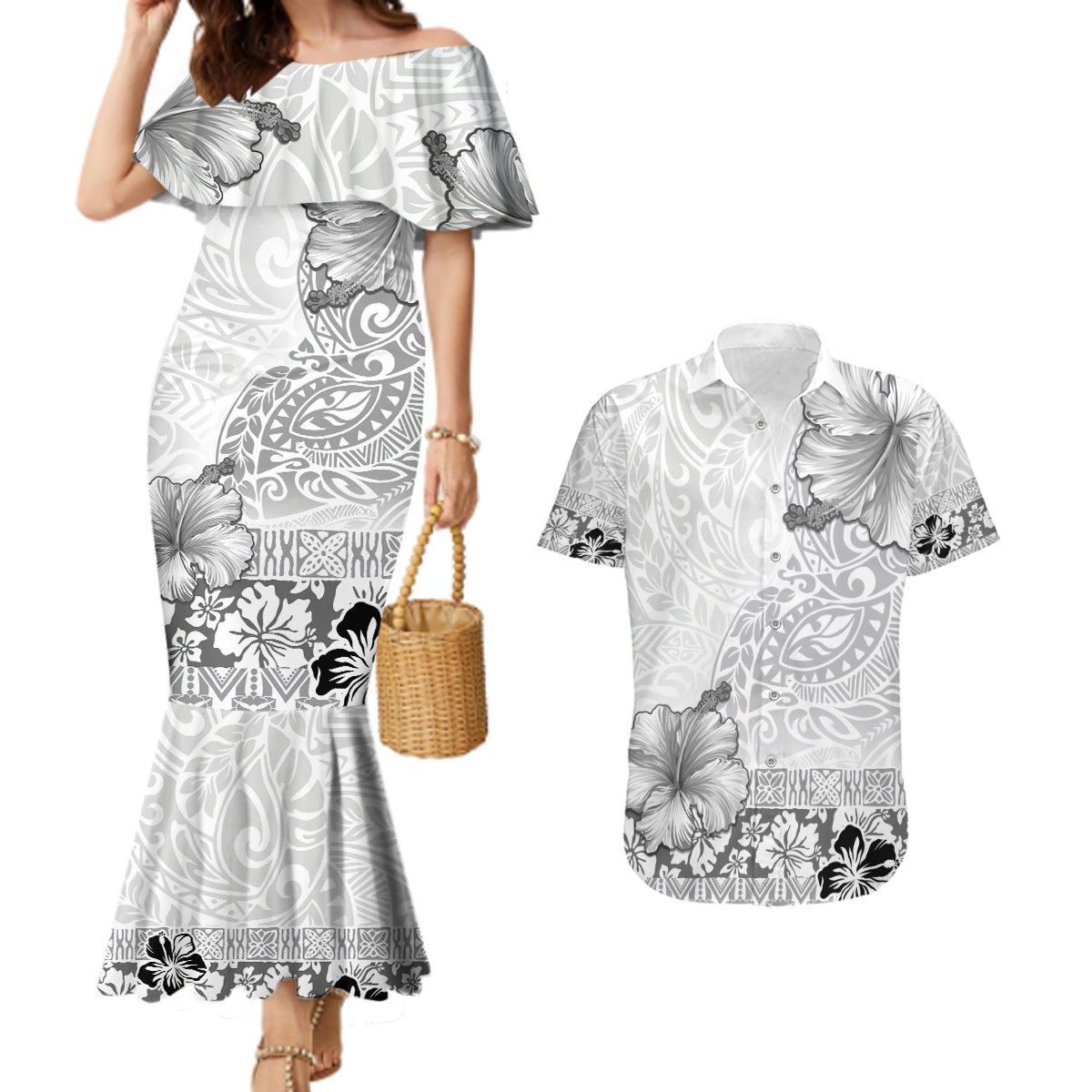 Hawaii Hibiscus With White Polynesian Pattern Couples Matching Mermaid Dress and Hawaiian Shirt