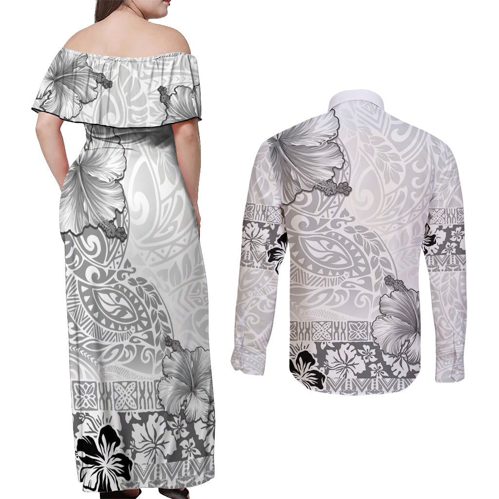 Hawaii Hibiscus With White Polynesian Pattern Couples Matching Off Shoulder Maxi Dress and Long Sleeve Button Shirt LT05 - Polynesian Pride