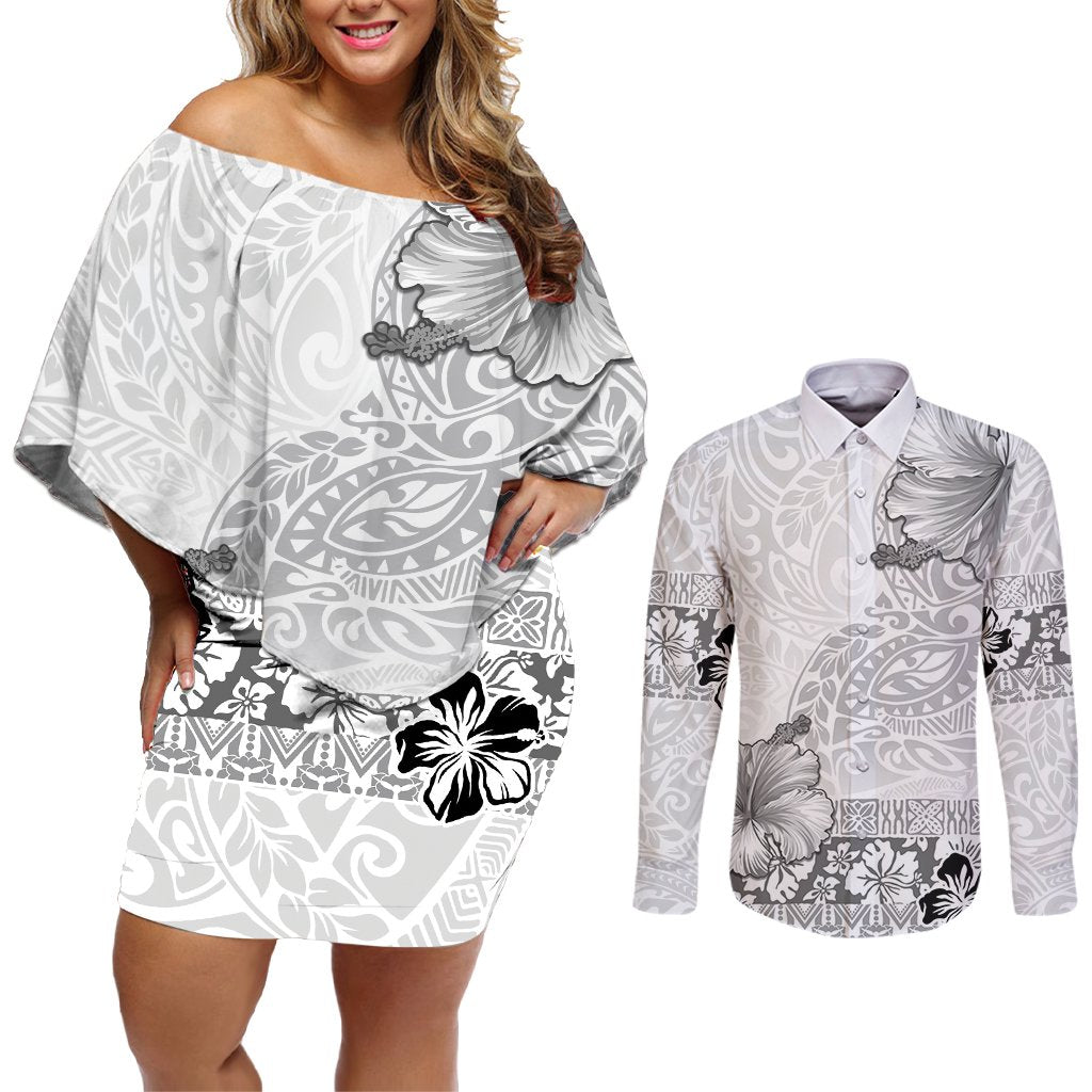 Hawaii Hibiscus With White Polynesian Pattern Couples Matching Off Shoulder Short Dress and Long Sleeve Button Shirt LT05 White - Polynesian Pride