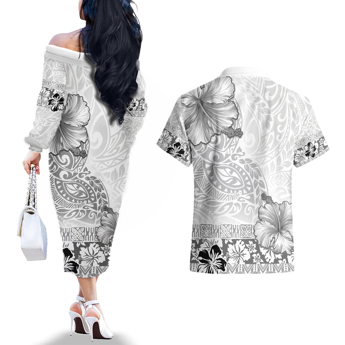 Hawaii Hibiscus With White Polynesian Pattern Couples Matching Off The Shoulder Long Sleeve Dress and Hawaiian Shirt LT05 - Polynesian Pride