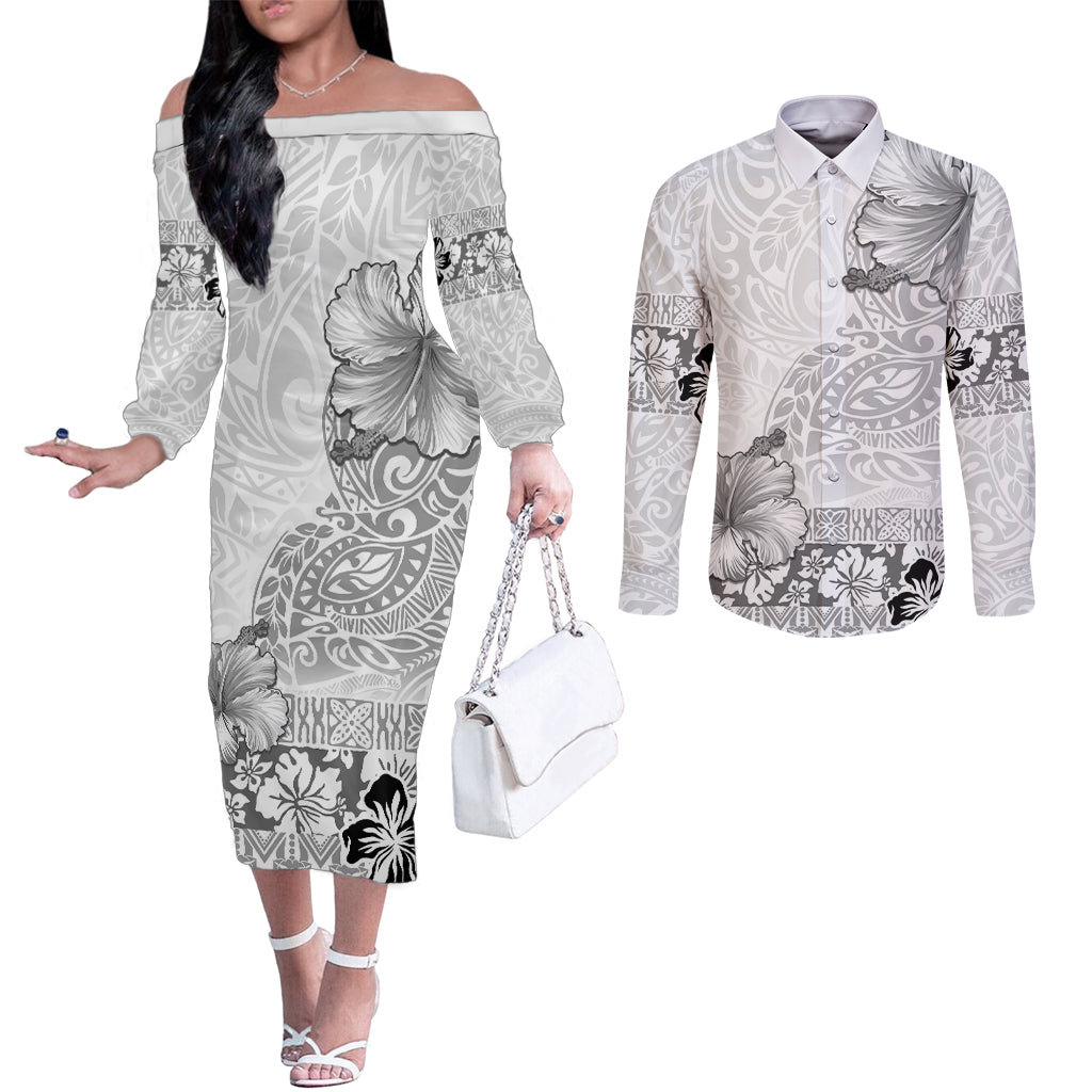 Hawaii Hibiscus With White Polynesian Pattern Couples Matching Off The Shoulder Long Sleeve Dress and Long Sleeve Button Shirt LT05 White - Polynesian Pride