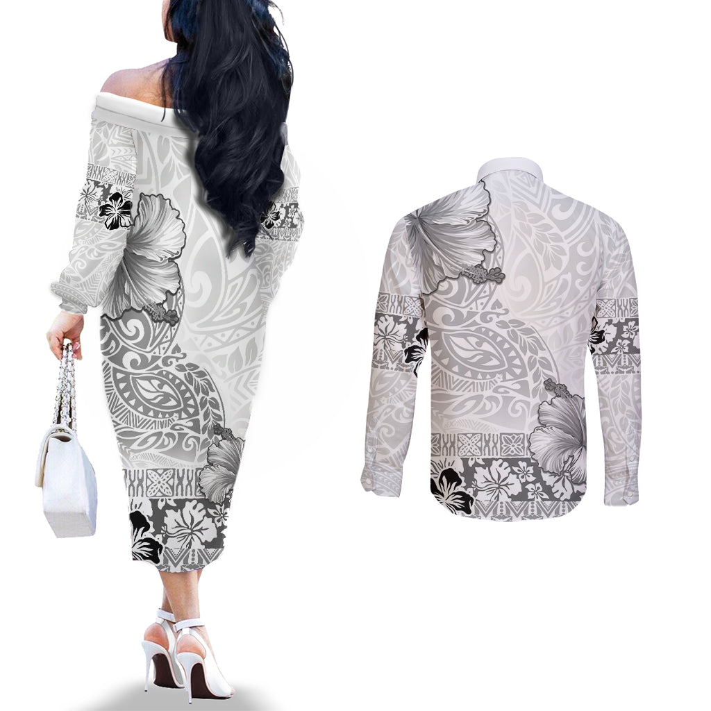 Hawaii Hibiscus With White Polynesian Pattern Couples Matching Off The Shoulder Long Sleeve Dress and Long Sleeve Button Shirt LT05 - Polynesian Pride