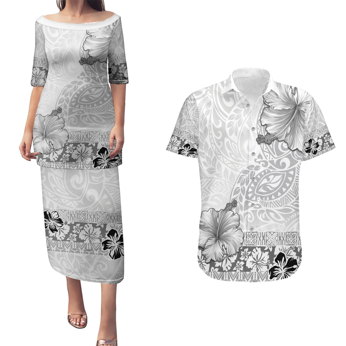 Hawaii Hibiscus With White Polynesian Pattern Couples Matching Puletasi and Hawaiian Shirt LT05 White - Polynesian Pride