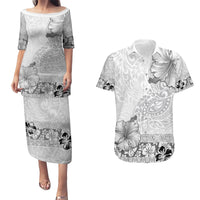 Hawaii Hibiscus With White Polynesian Pattern Couples Matching Puletasi and Hawaiian Shirt LT05 White - Polynesian Pride
