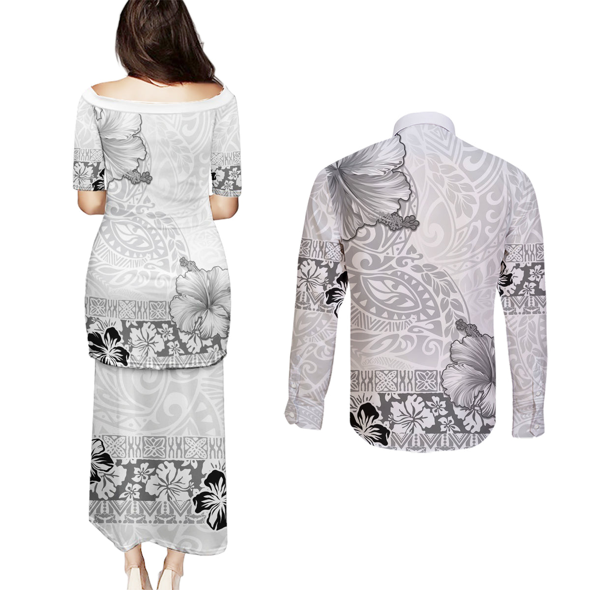 Hawaii Hibiscus With White Polynesian Pattern Couples Matching Puletasi and Long Sleeve Button Shirt LT05 - Polynesian Pride