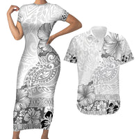 Hawaii Hibiscus With White Polynesian Pattern Couples Matching Short Sleeve Bodycon Dress and Hawaiian Shirt LT05 White - Polynesian Pride