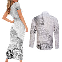 Hawaii Hibiscus With White Polynesian Pattern Couples Matching Short Sleeve Bodycon Dress and Long Sleeve Button Shirt LT05 - Polynesian Pride