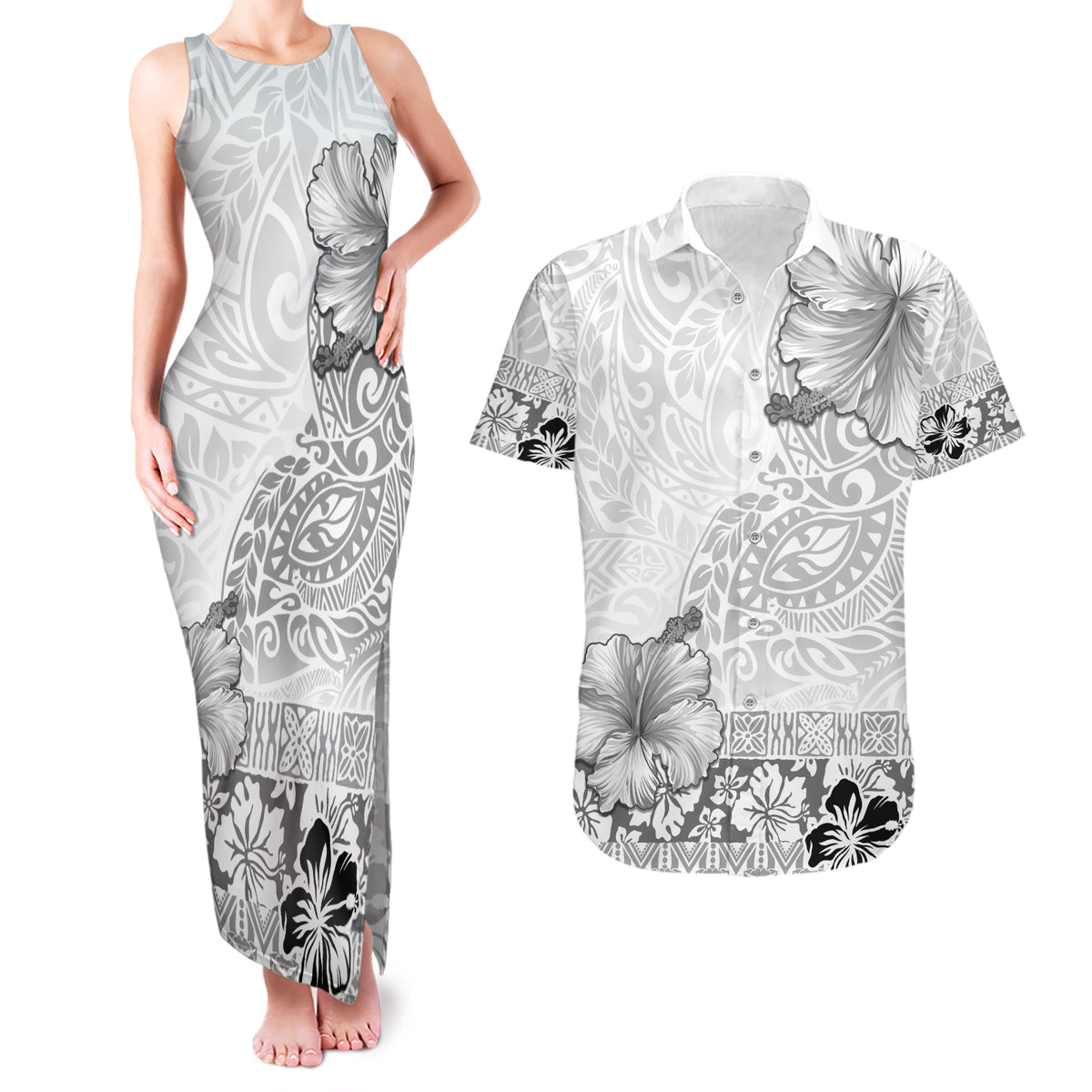 Hawaii Hibiscus With White Polynesian Pattern Couples Matching Tank Maxi Dress and Hawaiian Shirt LT05 White - Polynesian Pride