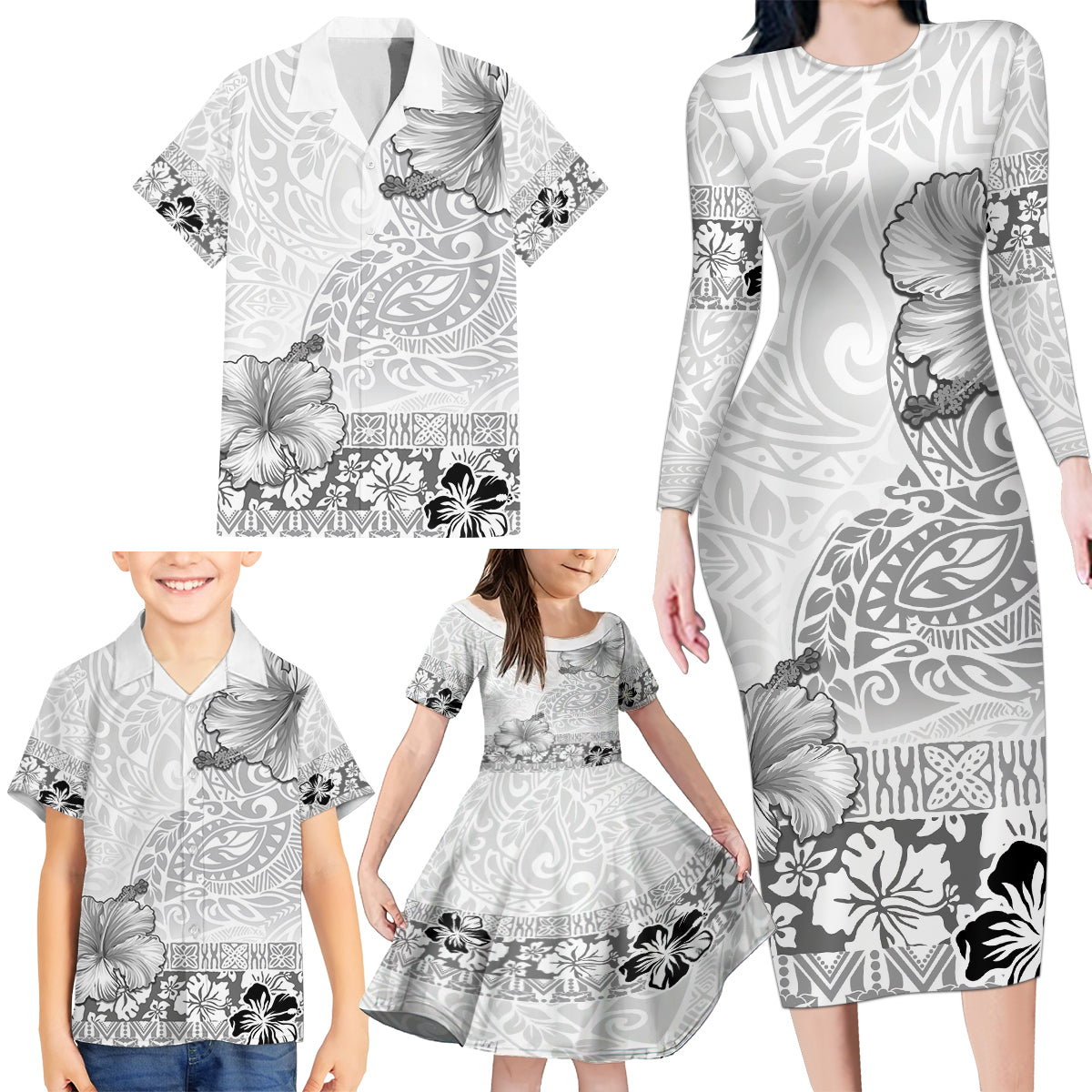 Hawaii Hibiscus With White Polynesian Pattern Family Matching Long Sleeve Bodycon Dress and Hawaiian Shirt