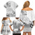 Hawaii Hibiscus With White Polynesian Pattern Family Matching Off Shoulder Short Dress and Hawaiian Shirt